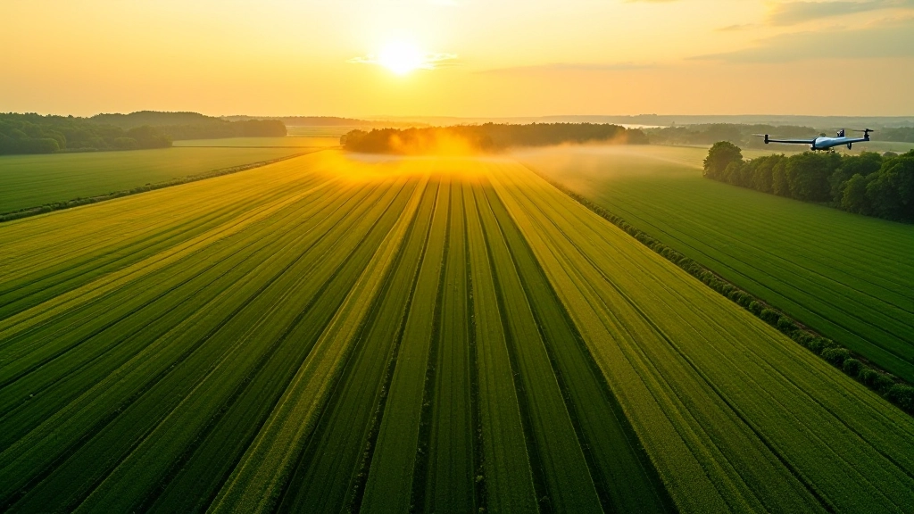 Luftaufnahme von großflächigen Getreidefeldern mit modernen Bewässerungsanlagen bei Sonnenuntergang