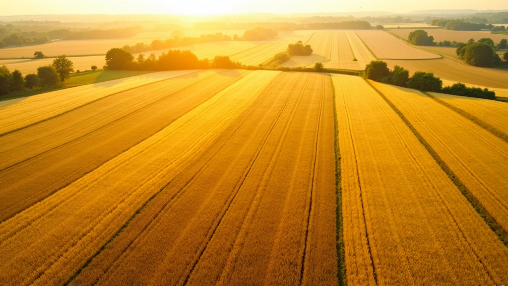 Europäische Farmlandschaft mit modernem Getreideanbau und landwirtschaftlichen Maschinen im Hintergrund