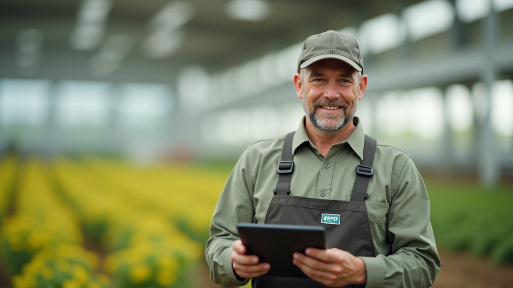 Landwirt mit Tablet-Computer kontrolliert Viehbestand in modernem Stall mit digitaler Überwachung