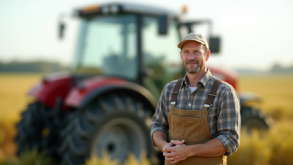 Bauer steht vor modernem Traktor auf seinem Feld mit Getreideanbau