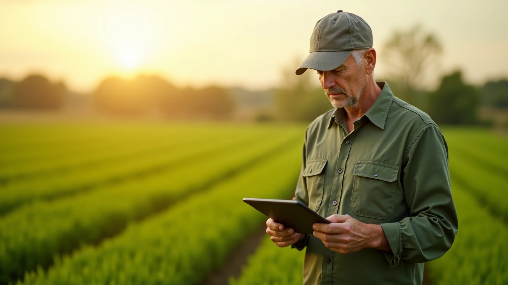 Landwirt inspiziert Kartoffelpflanzen auf dem Feld mit Tablet und modernem Monitoring-System