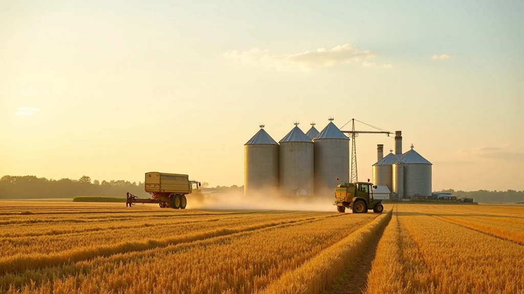 Großer moderner Agrarbetrieb mit Getreidespeichern und Maschinen in Panorama-Sicht