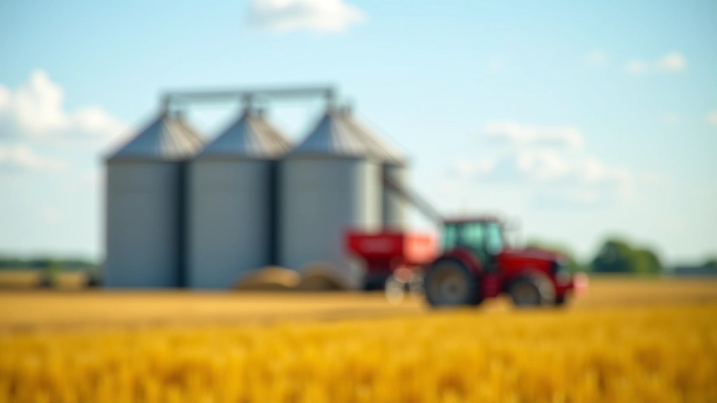 Moderner Lagerhaus mit Getreidelagerung und Landwirtschaftsmaschinen bei professioneller Beleuchtung