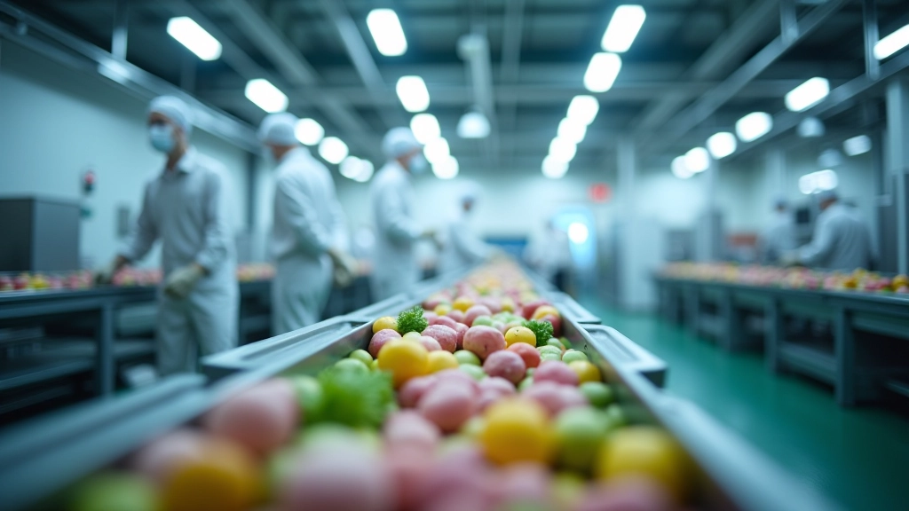 Moderne Produktionsstätte mit Verpackungsmaschinen und Arbeitern in Schutzkleidung