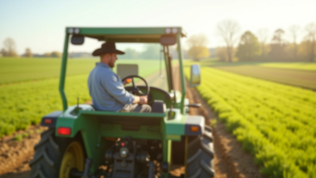 Modernt ausgestatteter Traktor bei der Feldarbeit auf großem Agrarland während sonnigem Frühjahrsmorgen