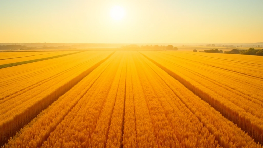 Großflächige Getreidefelder mit Erntefahrzeugen in der Ferne unter klarem blauen Himmel
