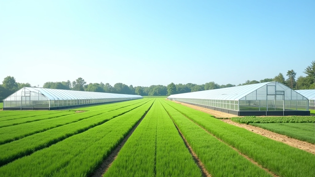 Großflächige moderne Agraranlage mit mehreren Gewächshäusern und industrieller Bewirtschaftung